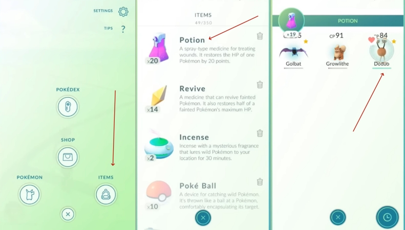 how to use potions pokemon go