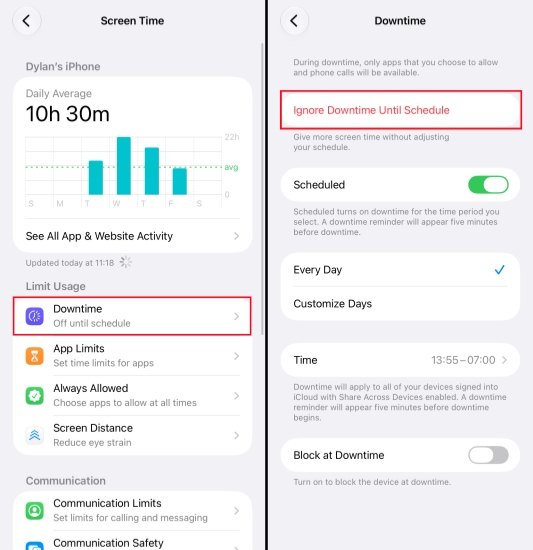 ignore downtime until schedule