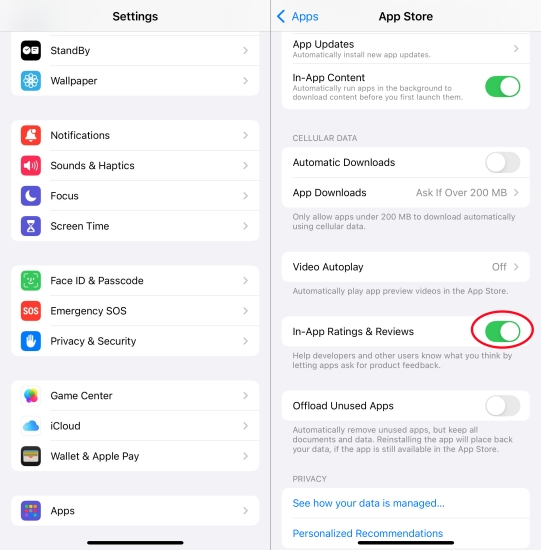 disble in-app rating and reviews on iphone