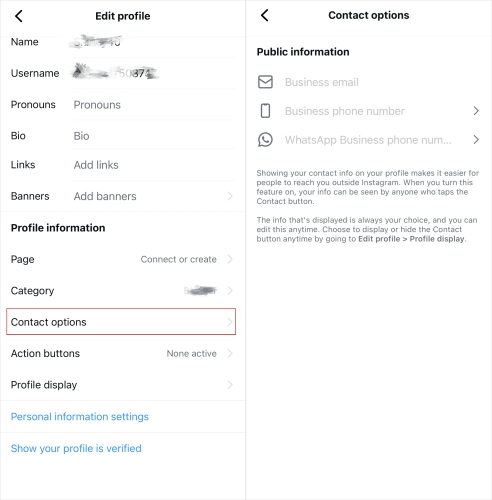 instagram contact options