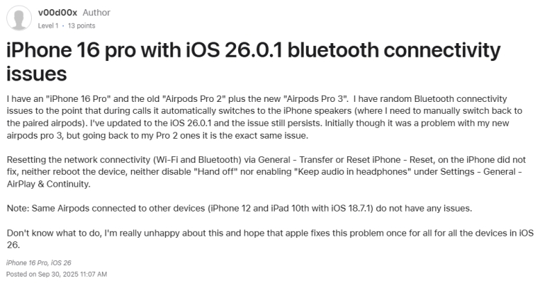 ios 26 bluetooth pairing issue