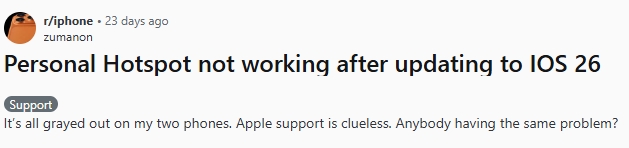 ios 26 hotspot not working