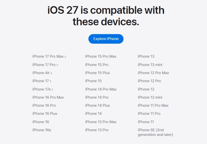 iOS 27 supported devices