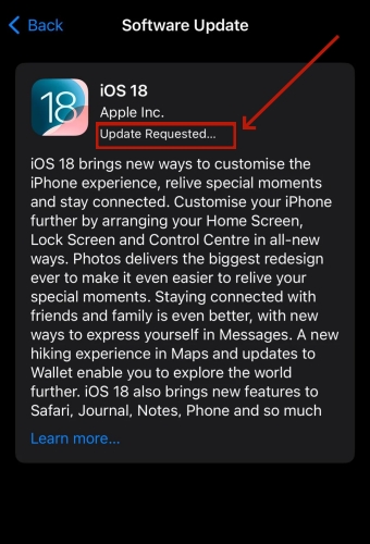 ios update stuck on update requested