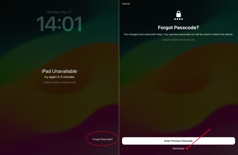 tap forgot passcode on ipad unavailable