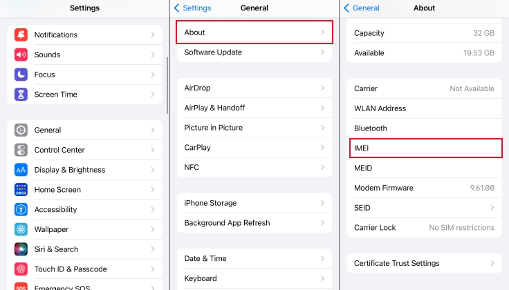 iphone imei in settings
