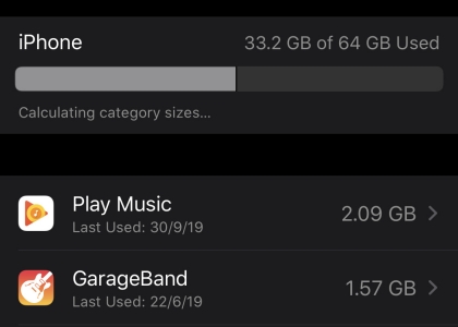 iphone storage categories not loading