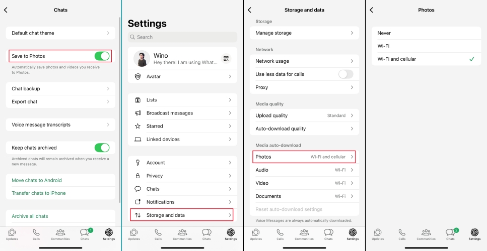 turn on whatsapp photo auto download on iphone