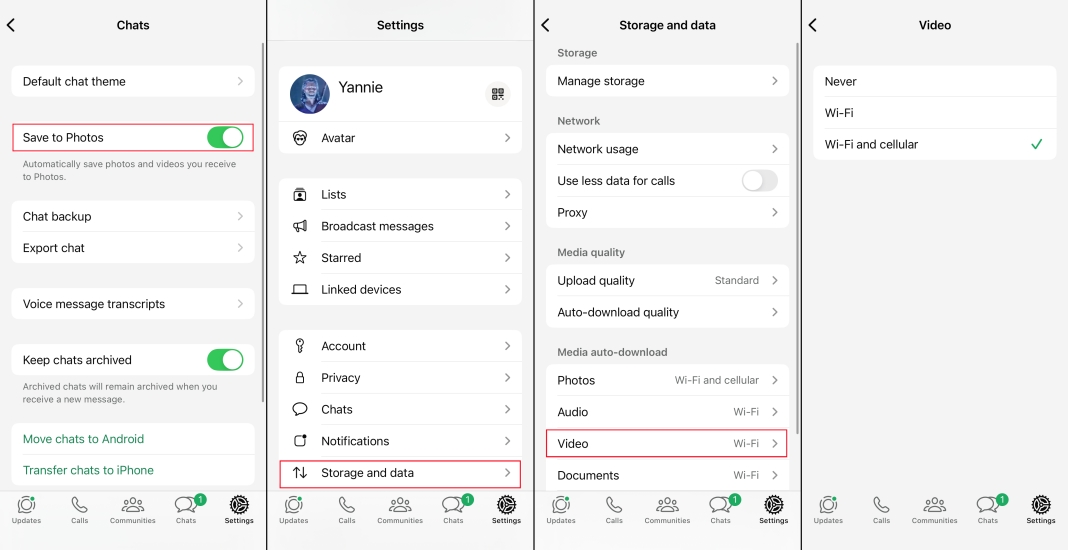 turn on whatsapp video auto download on iphone