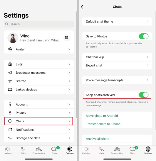 keep whatsapp chats archived