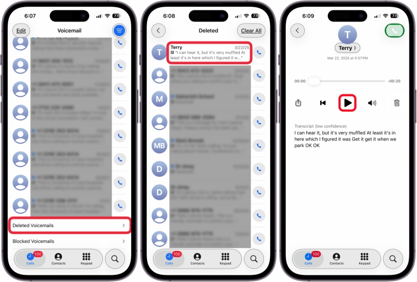 listen to deleted voicemail on iphone