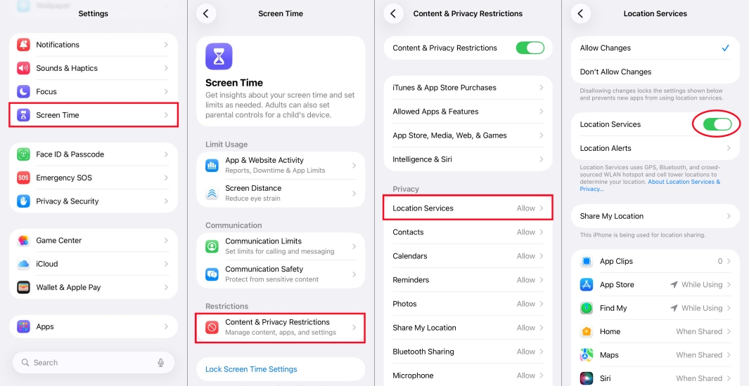 set location service in screen time