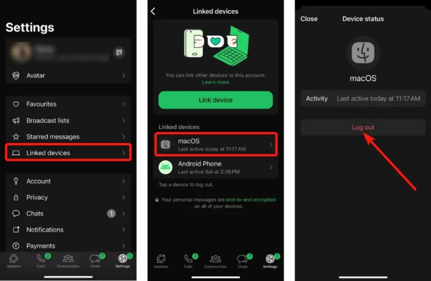 log out whatsapp linked device on iphone