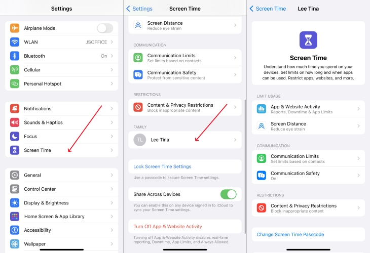 change child's restrictions passcode on parent's device
