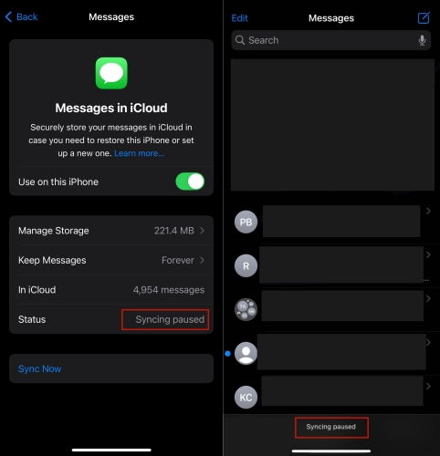 message syncing with icloud paused