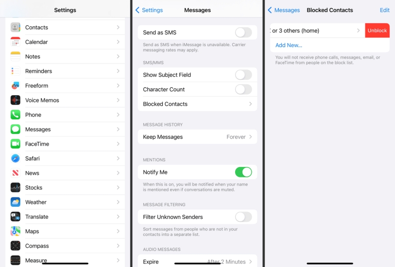 check messages blocked contacts