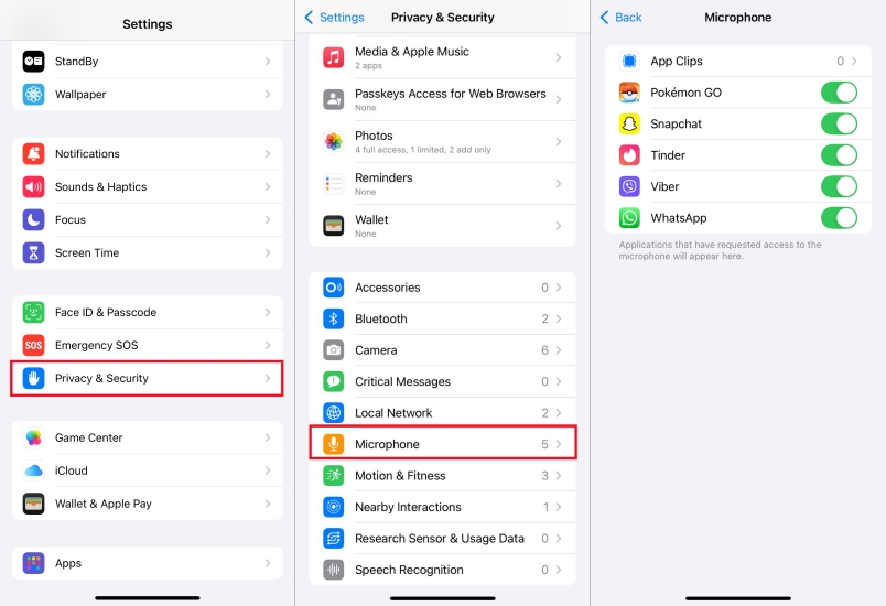 set microphone in privacy and security on iphone