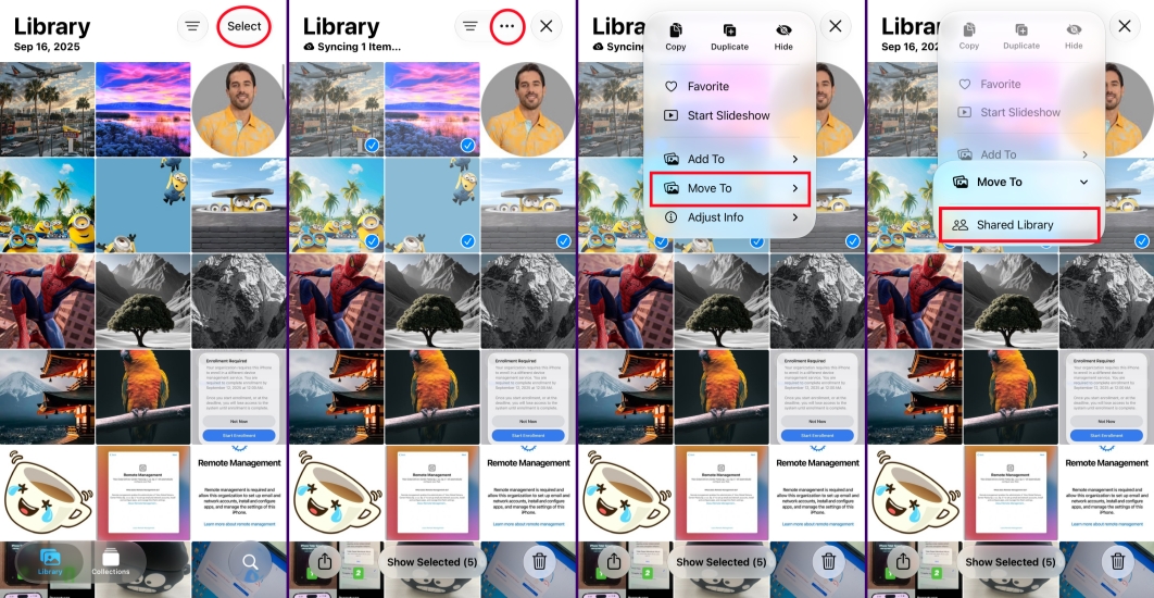 move photos to shared library on iphone
