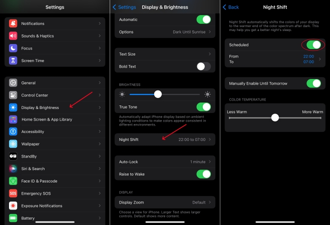 night shift in settings on iphone