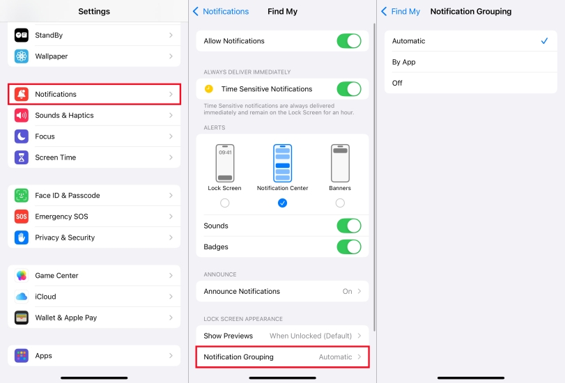 set notification grouping on iphone