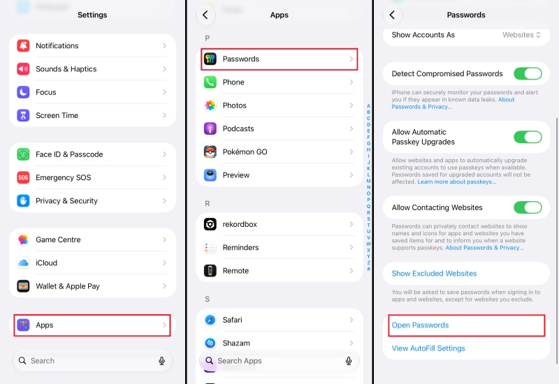 open passwords app from iphone settings