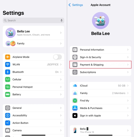 payment and shipping in settings