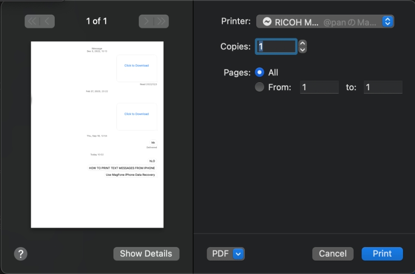 print iphone text messages on mac