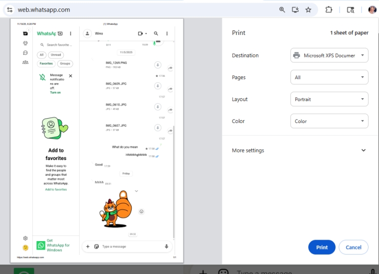 print whatsapp messages from whatsapp web