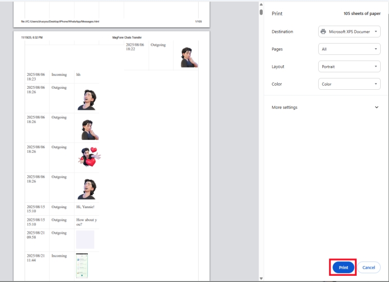 print whatsapp message on google