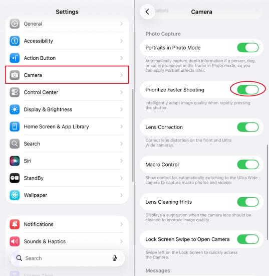 disable prioritize faster shooting on iphone