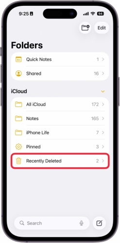 recently deleted notes folder on iphone