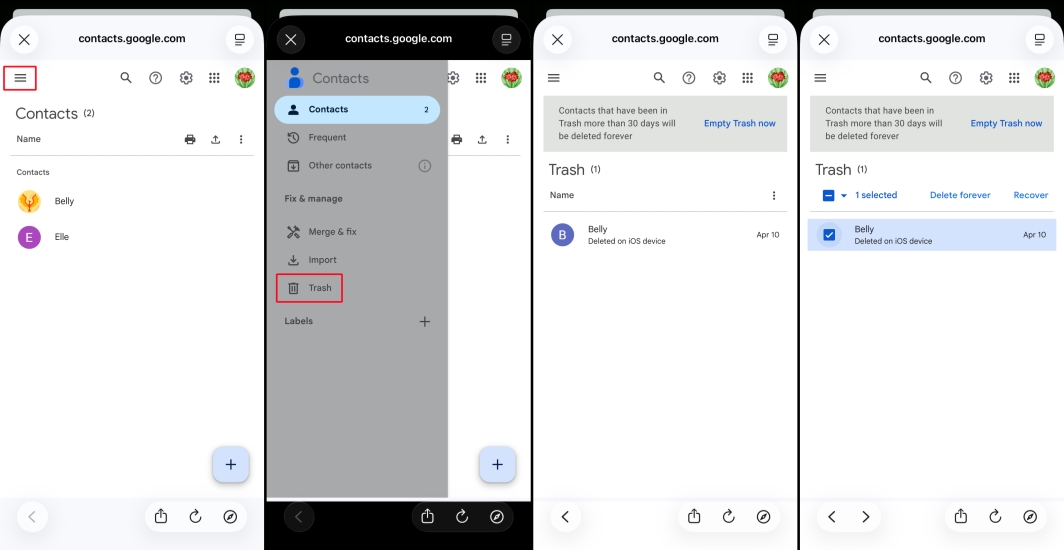 recover deleted iphone contacts from google contacts trash