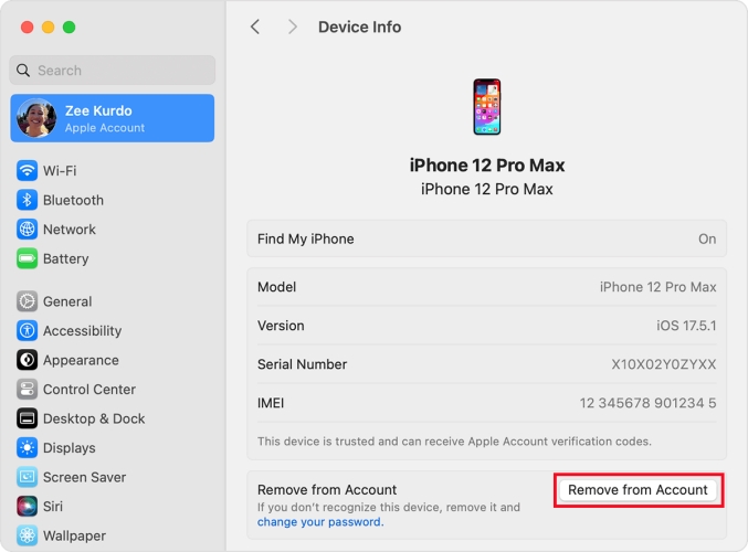 remove apple id from device list on mac