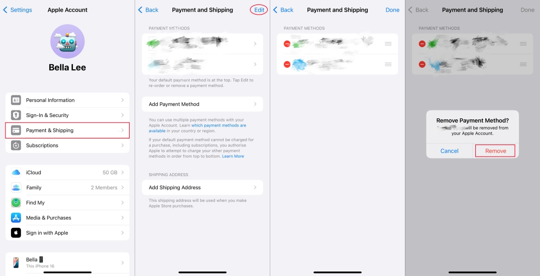 remove payment method on iphone