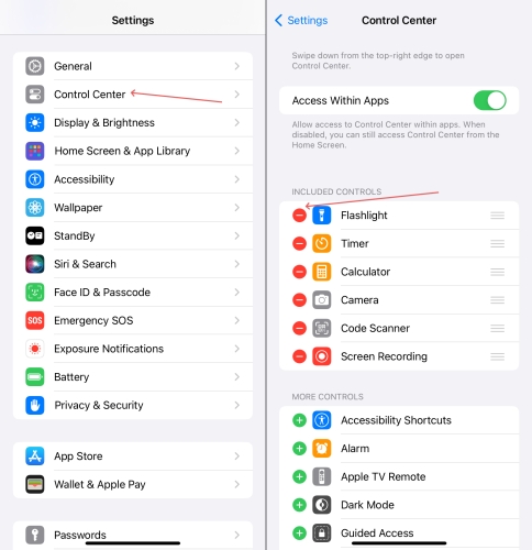 remove flashlight from control center