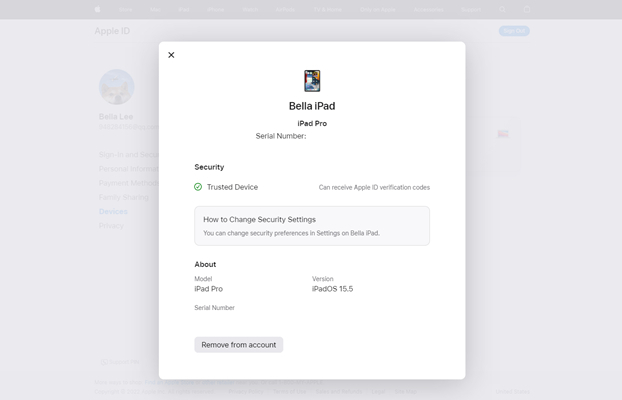 remove apple id from device list on web