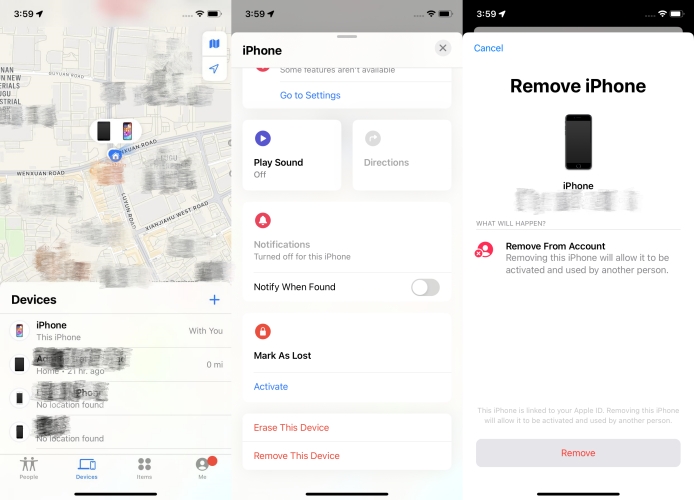 remove apple id on iphone via find my app