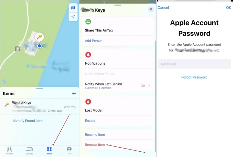 remove item find my iphone