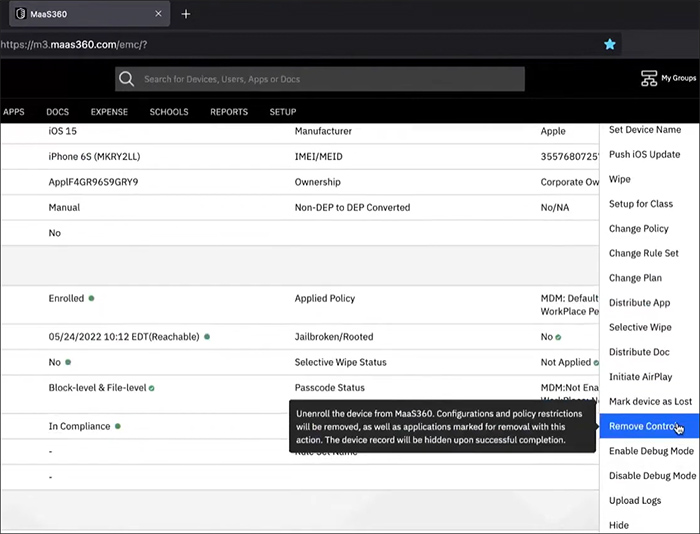 remove maas360 control from iphone