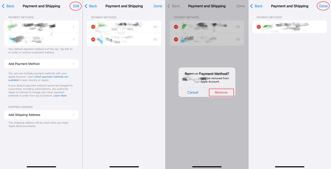 remove payment method on iphone