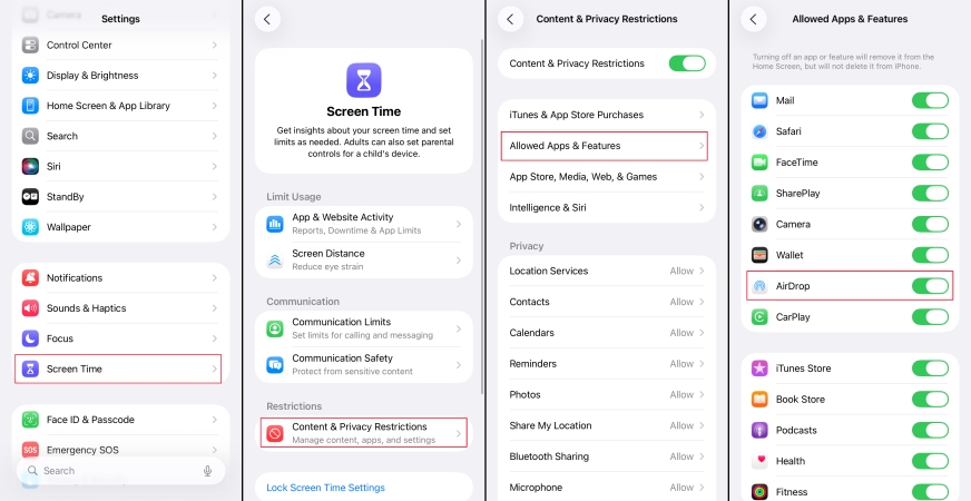 remove time screen restrictions for airdrop
