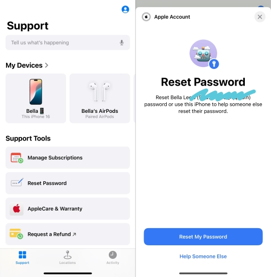 reset apple id password via apple support app