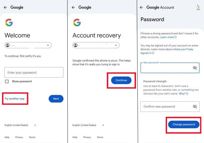 reset google account password