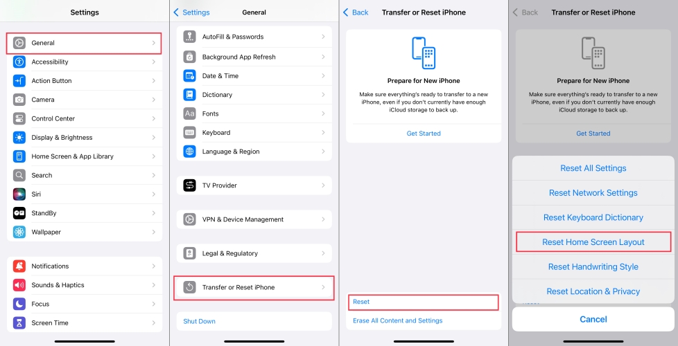 reset home screen layout