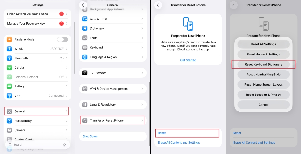 reset keyboard dictionary settings on iphone