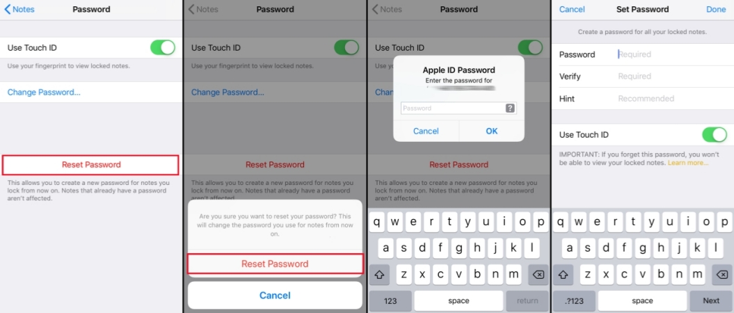 reser notes password ios 12