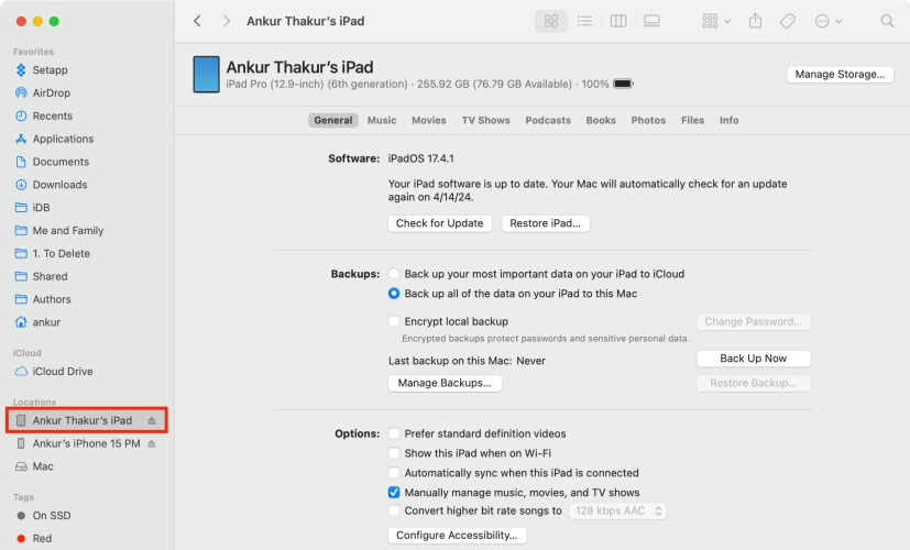 restore ipad in finder