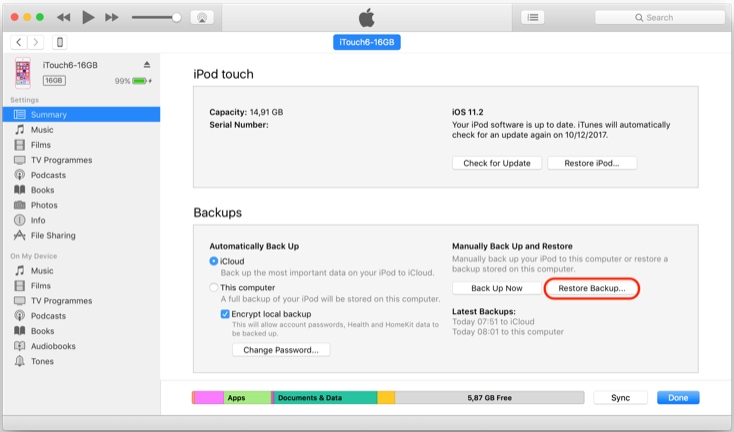 restore ipod from itunes backup