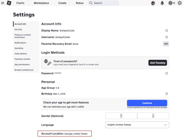 roblox account location in settings