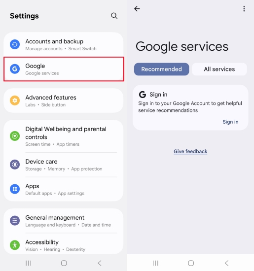 sign in google service on samsung phone